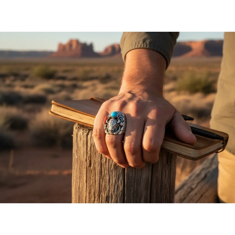 Navajo Men's Buffalo Ring Sterling Silver Turquoise‎ Signed Grace Smith 13 ***